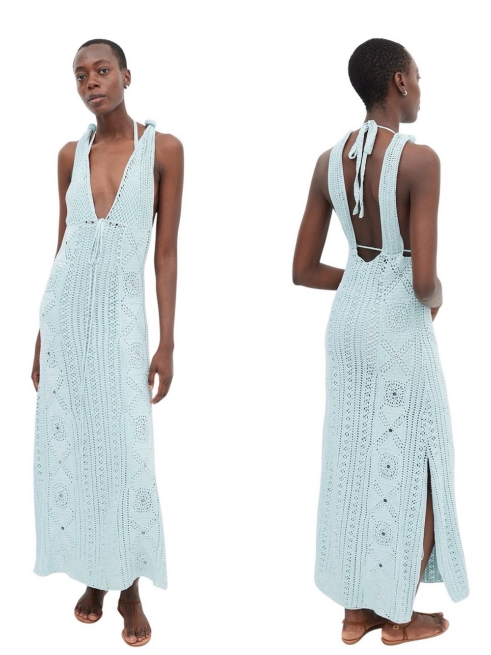 JONATHAN SIMKHAI Remi Seafoam Green Hand Crochet Runway Resort Halter Maxi Dress
